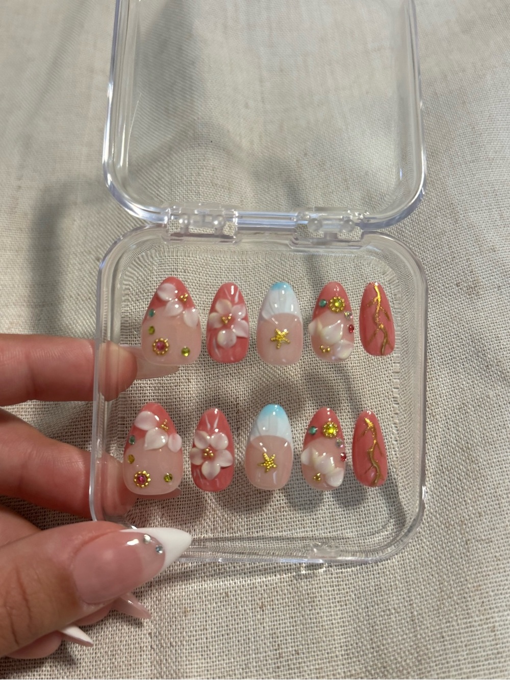Pink Floral Press-On Nail Set with Gold Accents size large